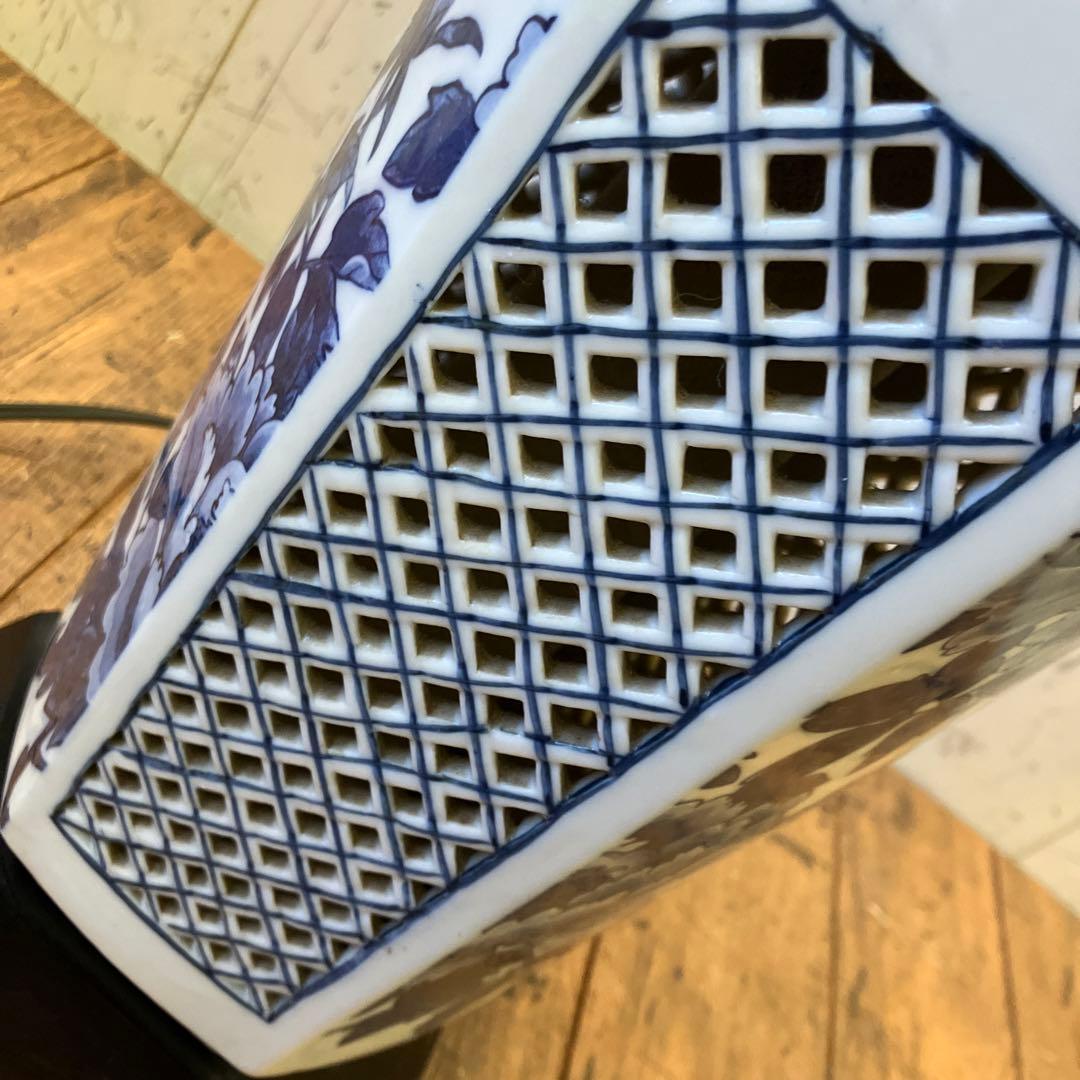 昭和レトロ 陶器製 染付 牡丹 透かし スタンドランプ フロアライト 照明器具