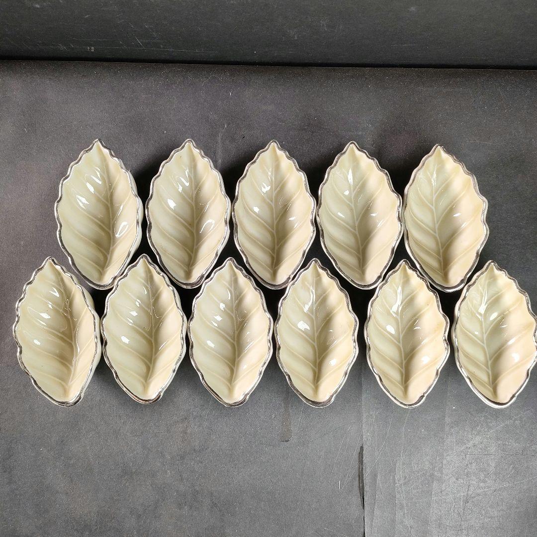 C13-2/在銘/プラチナ縁 刺身皿大9客・小11客/共箱/葉形皿/小皿/向付