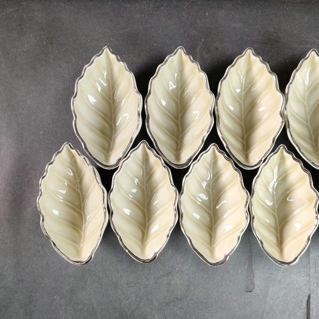 C13-2/在銘/プラチナ縁 刺身皿大9客・小11客/共箱/葉形皿/小皿/向付