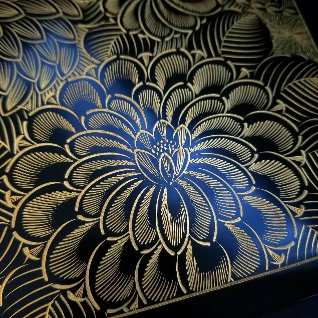 極美品未使用 輪島塗 布着本堅地 二段重 黒漆 極上菊詰 沈金 蒔絵 重箱 ①