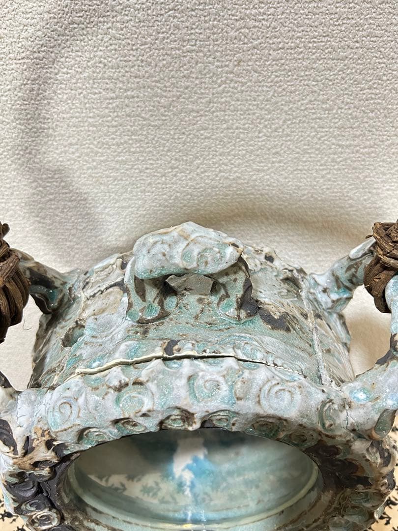 和　アジアン　青緑色　花模様　丸型　水槽　陶器　金魚　メダカ