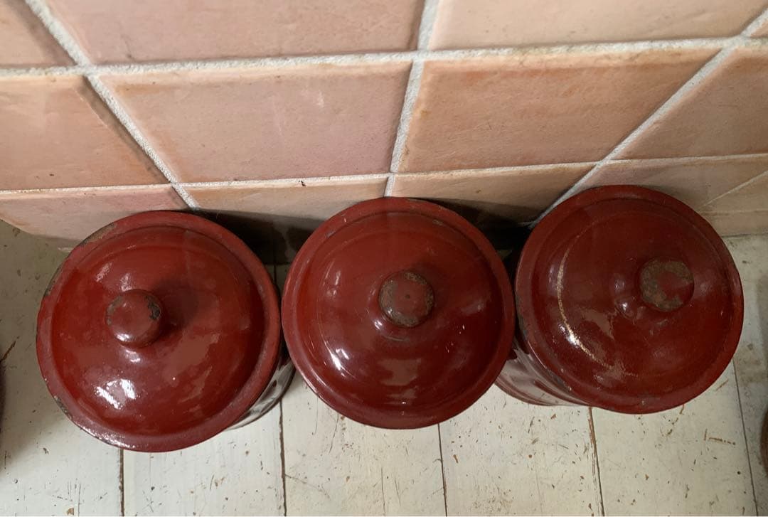 アンティーク　ホーロー　キャニスター　チョコレート色