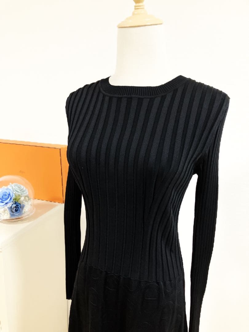 極美品　HERMES シェーヌダンクル　ワンピース　リブ　フレア　シルク　黒