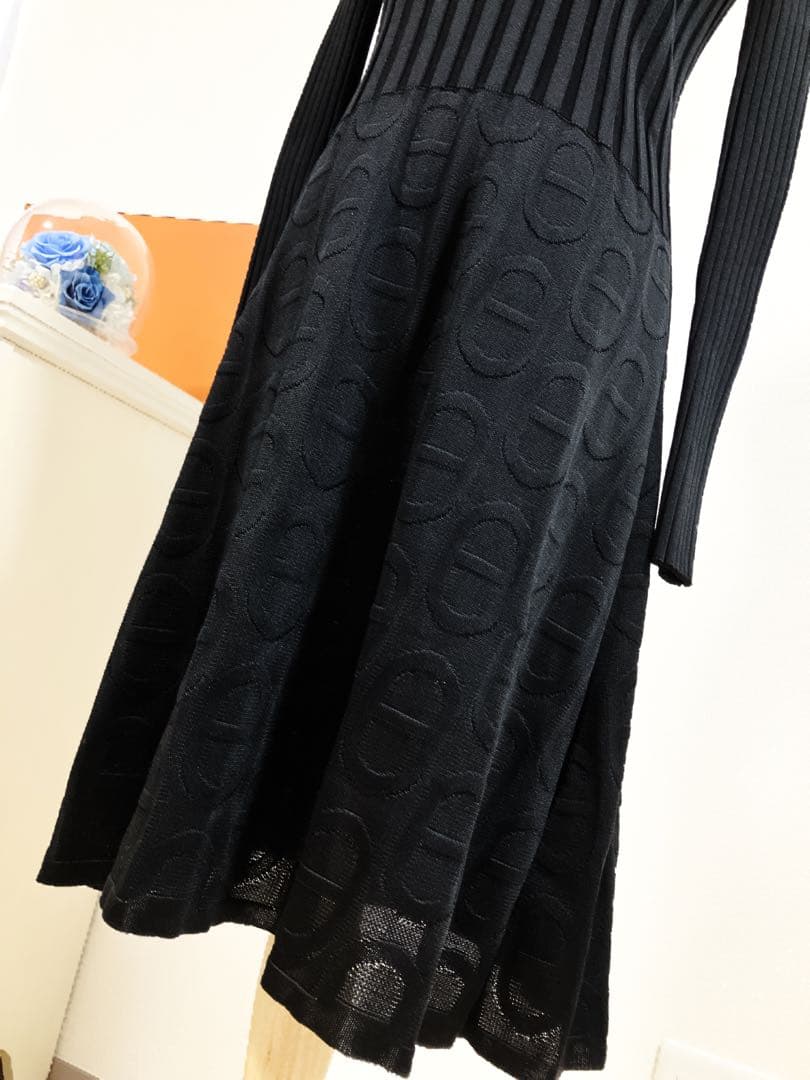 極美品　HERMES シェーヌダンクル　ワンピース　リブ　フレア　シルク　黒