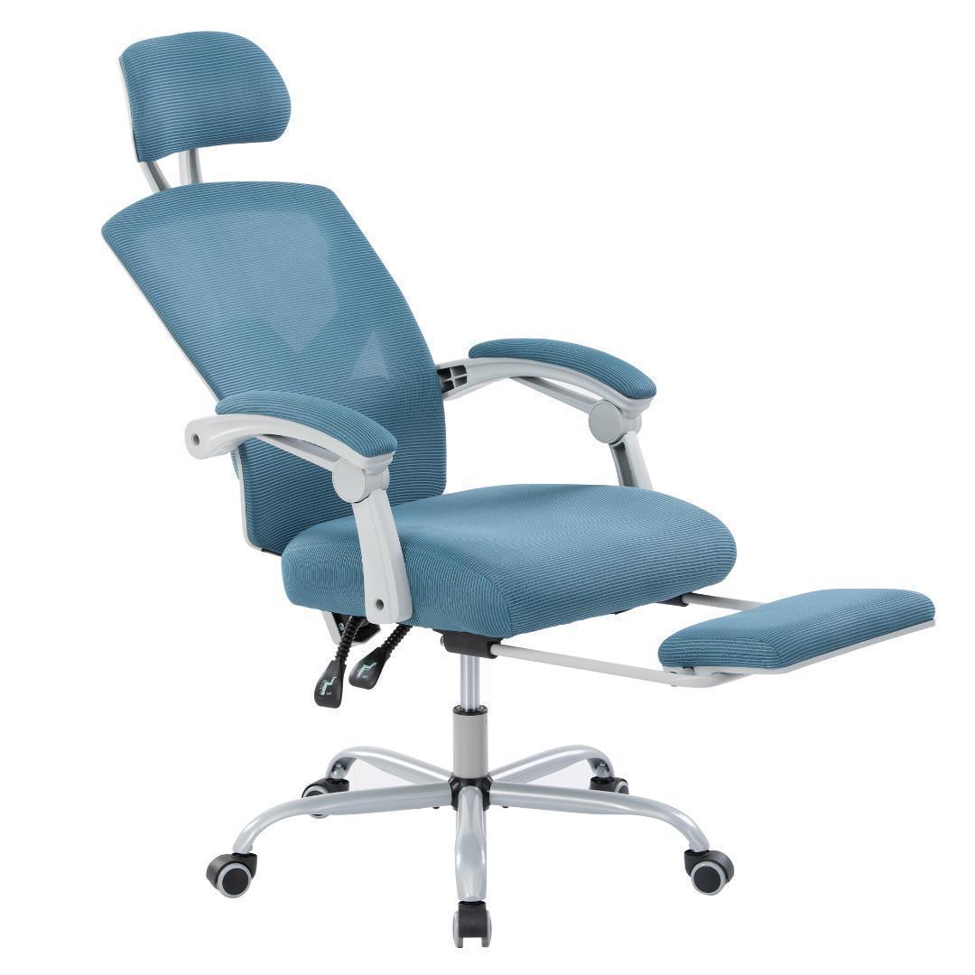 オフィスチェア事務所チェアリクライニング機能足載せ付きロッキング機能 【ブルー】