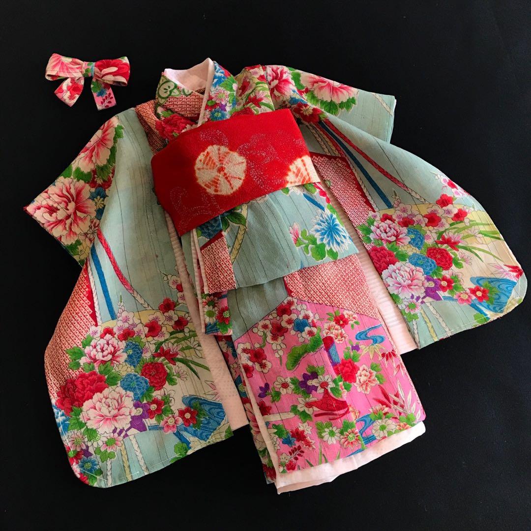 ＊ 市松人形 10号 単衣 縦絽 アンティーク 着物 帯