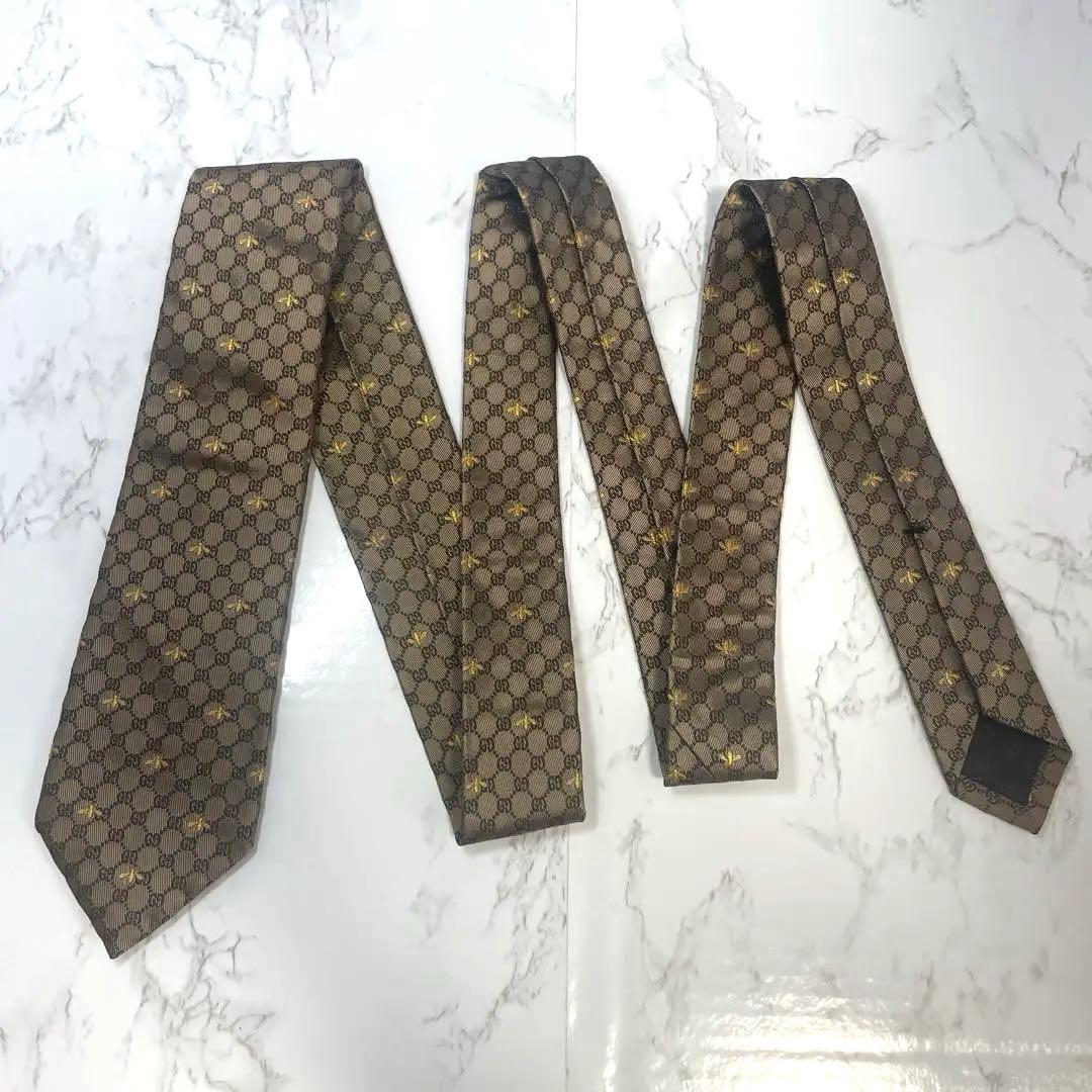 【美品】グッチ ネクタイ GG柄 蜂 ゴールド ブラウン 光沢 箱付き タグ付き