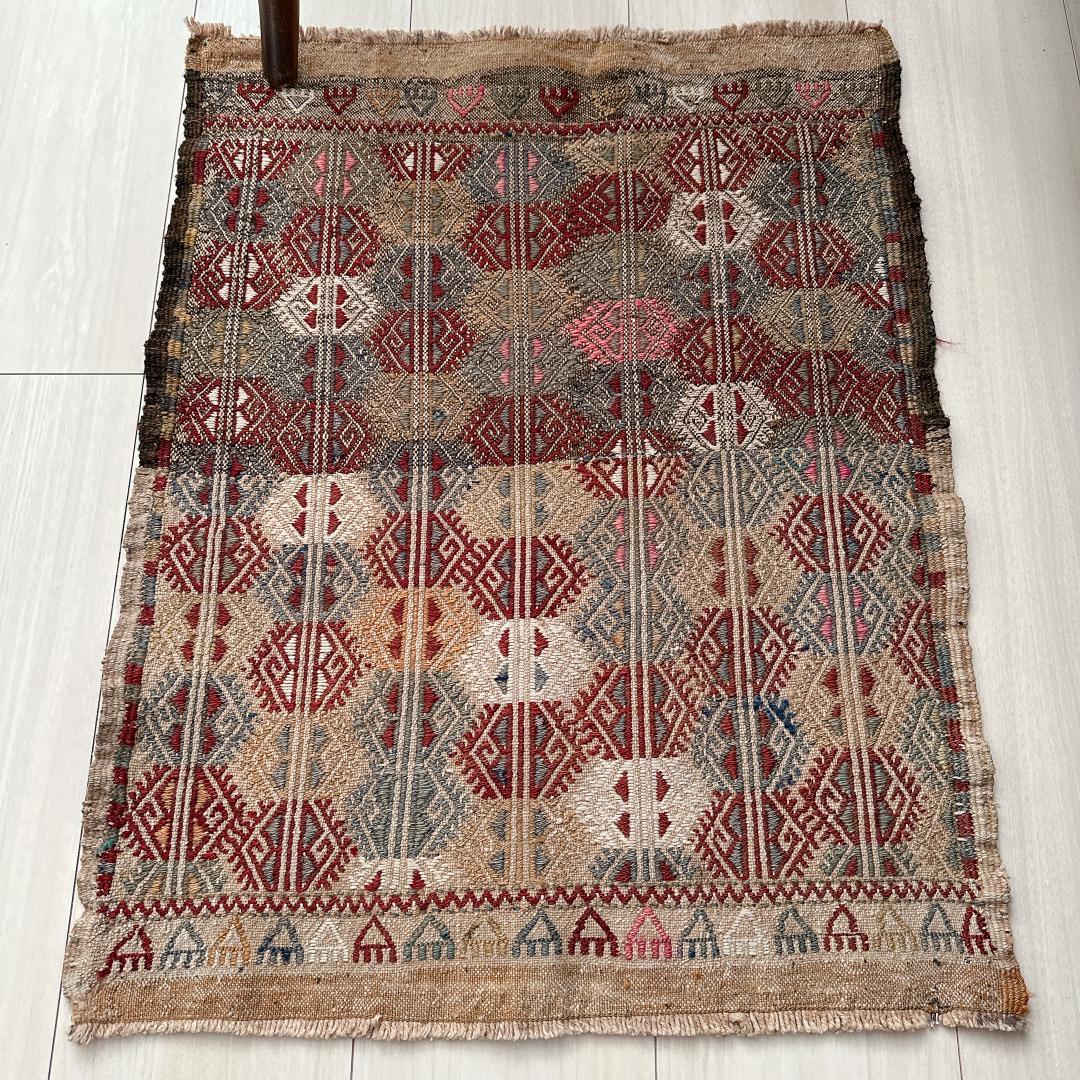 トルコ ヴィンテージラグ 955 レア ベージュ ブルー ピンク オールドキリム