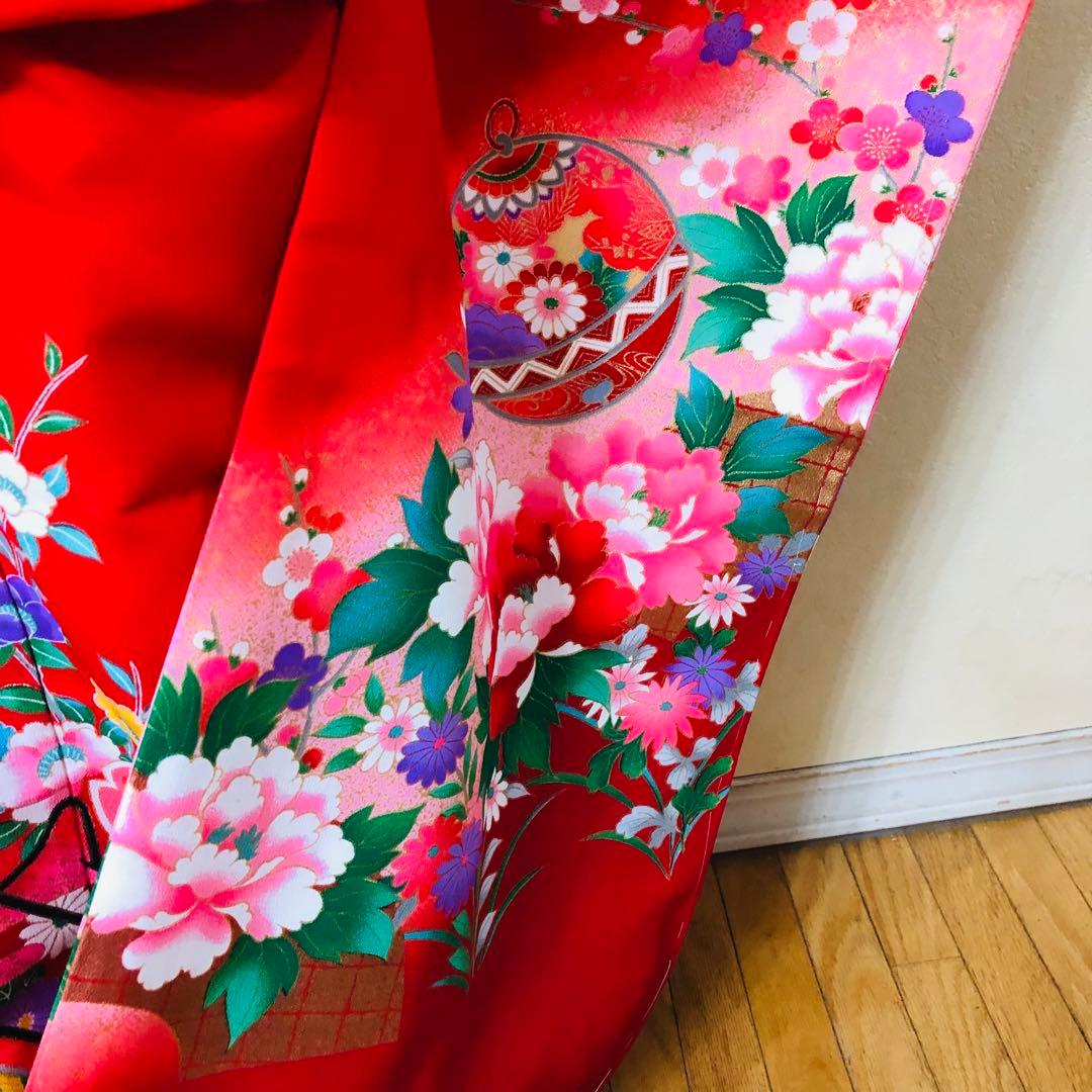 七五三七歳❣️豪華赤地手毬御所車花々金彩⭐︎作り帯楽々⭐︎完全フルセット銘品