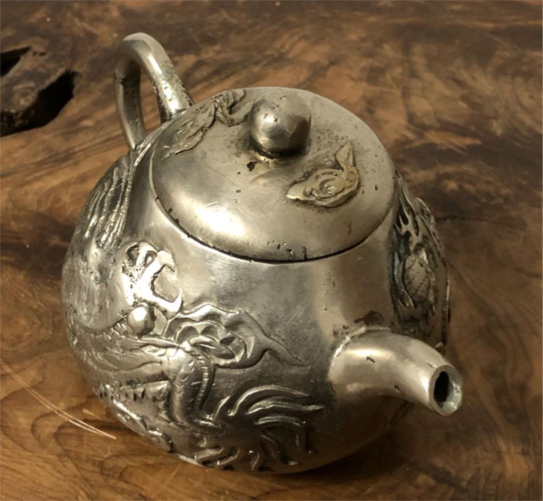 中国美術 古白銅 急須 五本爪龍遊刻 436㌘