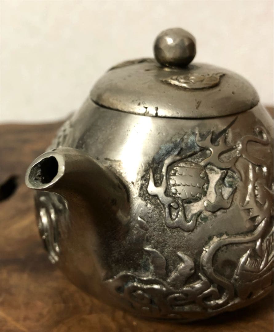 中国美術 古白銅 急須 五本爪龍遊刻 436㌘