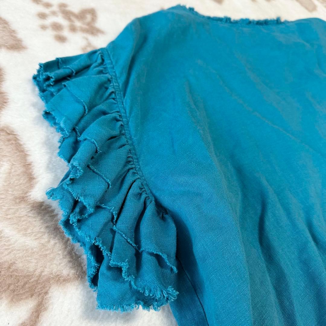 ハウスオブロータス フリル袖 リネン プルオーバー ブラウス ブルー 麻