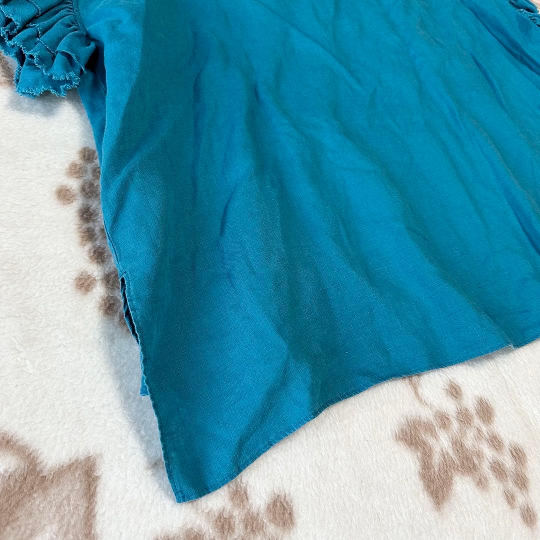 ハウスオブロータス フリル袖 リネン プルオーバー ブラウス ブルー 麻