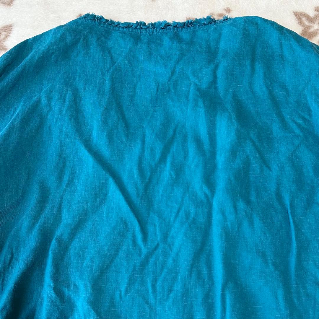 ハウスオブロータス フリル袖 リネン プルオーバー ブラウス ブルー 麻