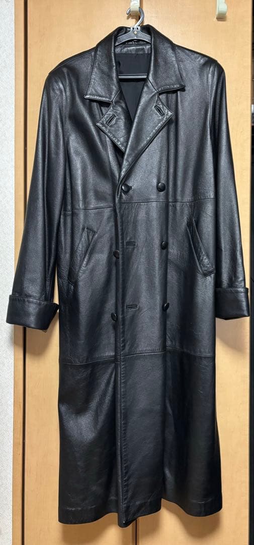 黒 レザー トレンチコート ダブルブレスト