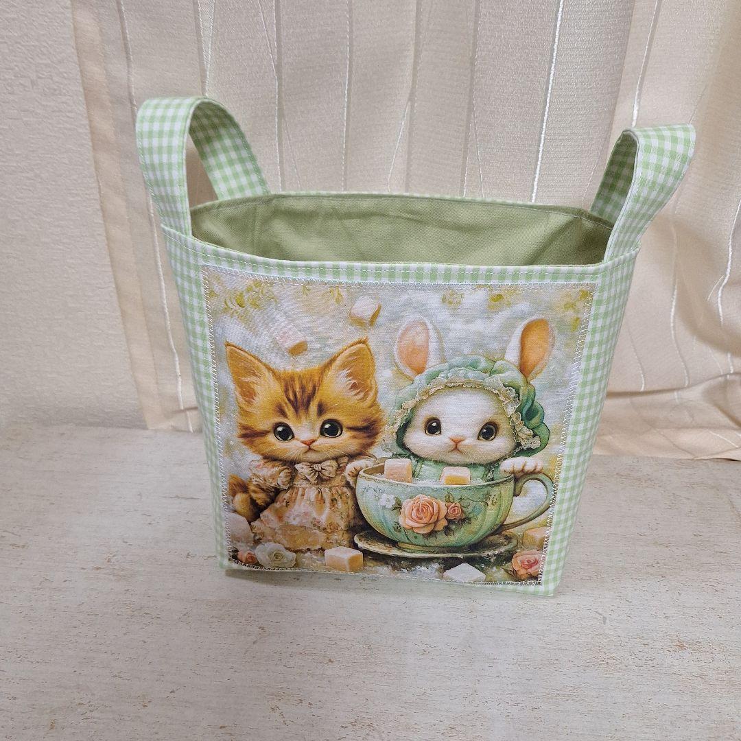 激レアねこパネル生地　ハンドメイド　布バスケット