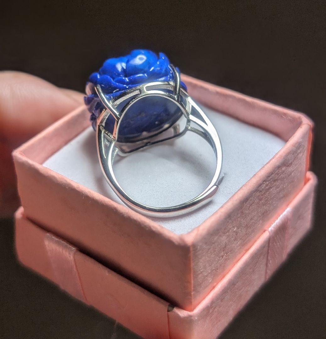 高品質オリエンタル艶美ラピスラズリ牡丹手彫りリング1点物