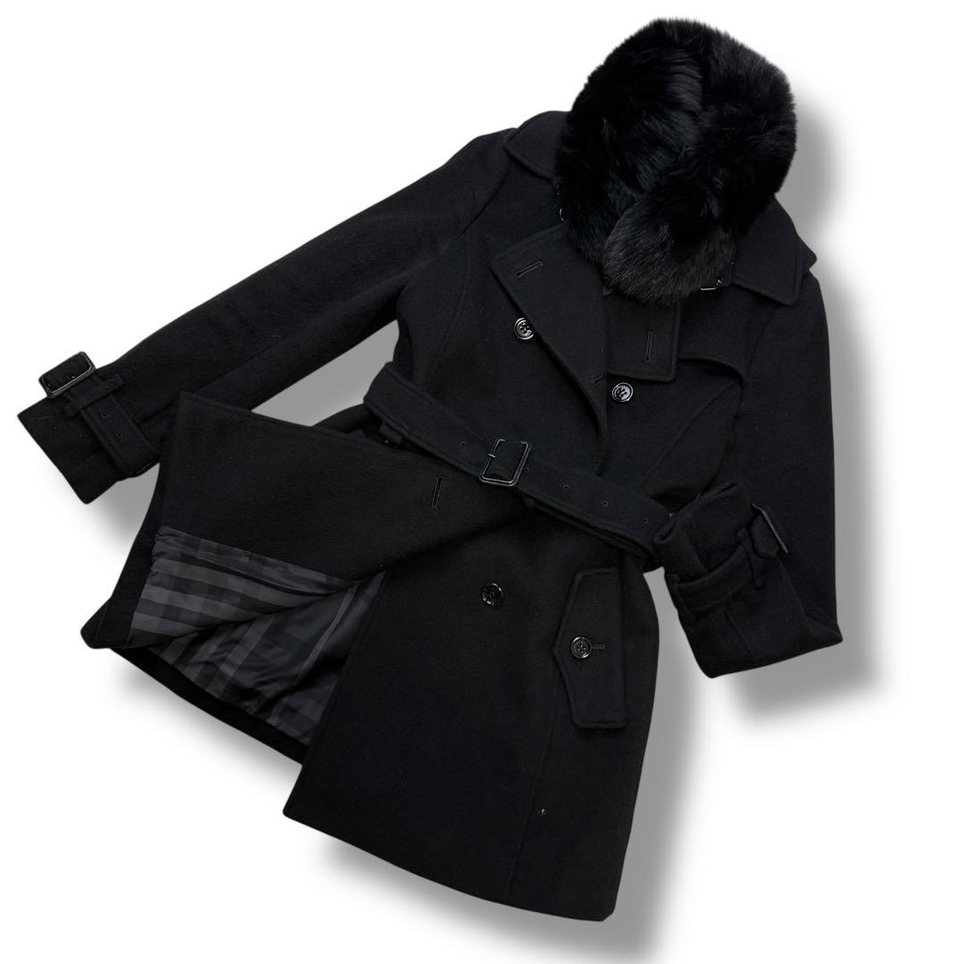 美品 バーバリーロンドン アンゴラ混1526 襟ファー　トレンチコート 黒