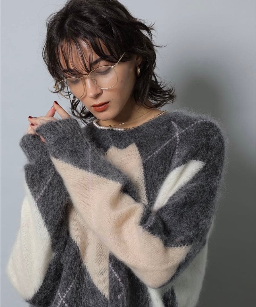 CADUNE カデュネ　Kidモヘアアーガイルニット　チャコールグレー　M