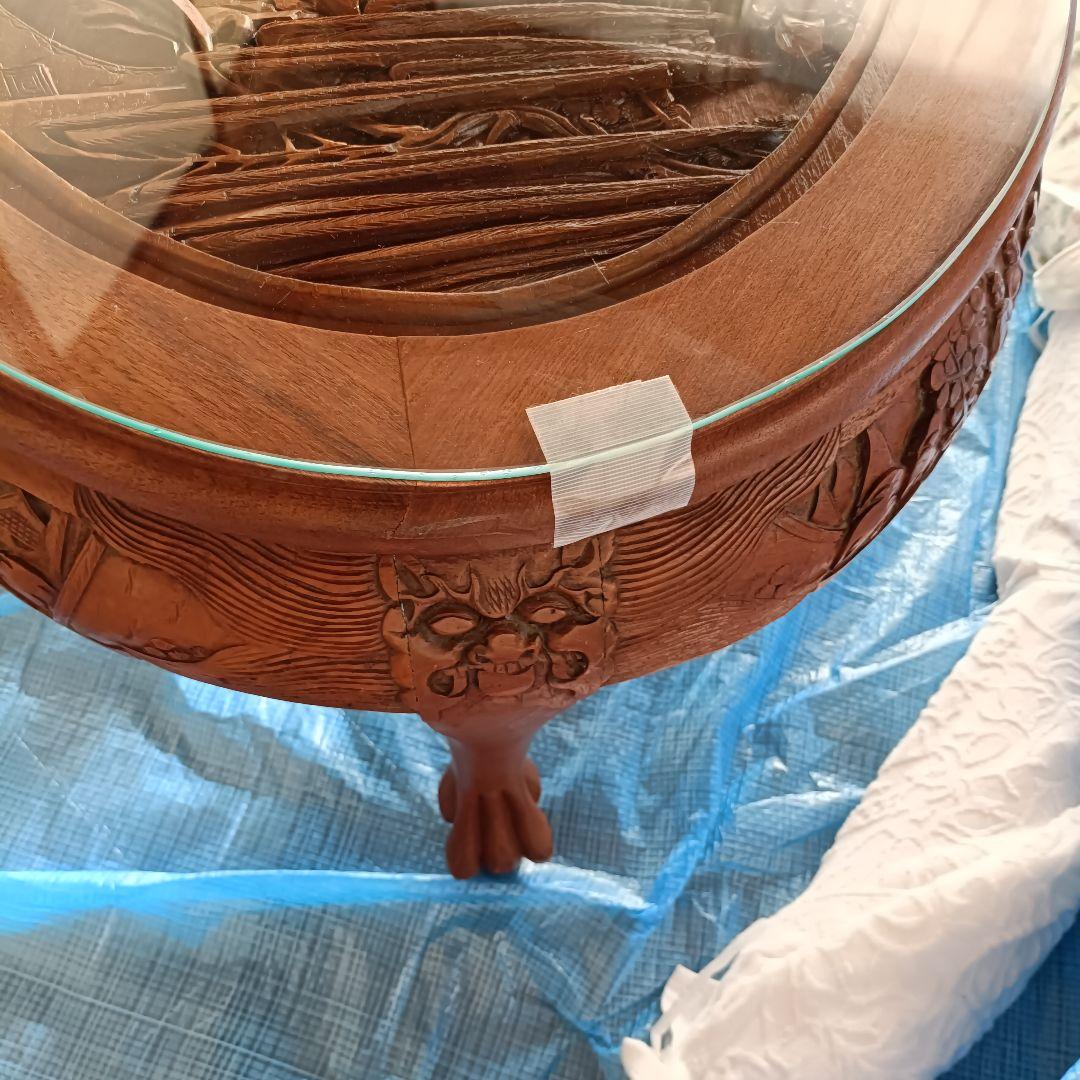 木彫り 座卓 ローテーブル 楕円 ガラス天板 中国美術 アンティーク　アジアン