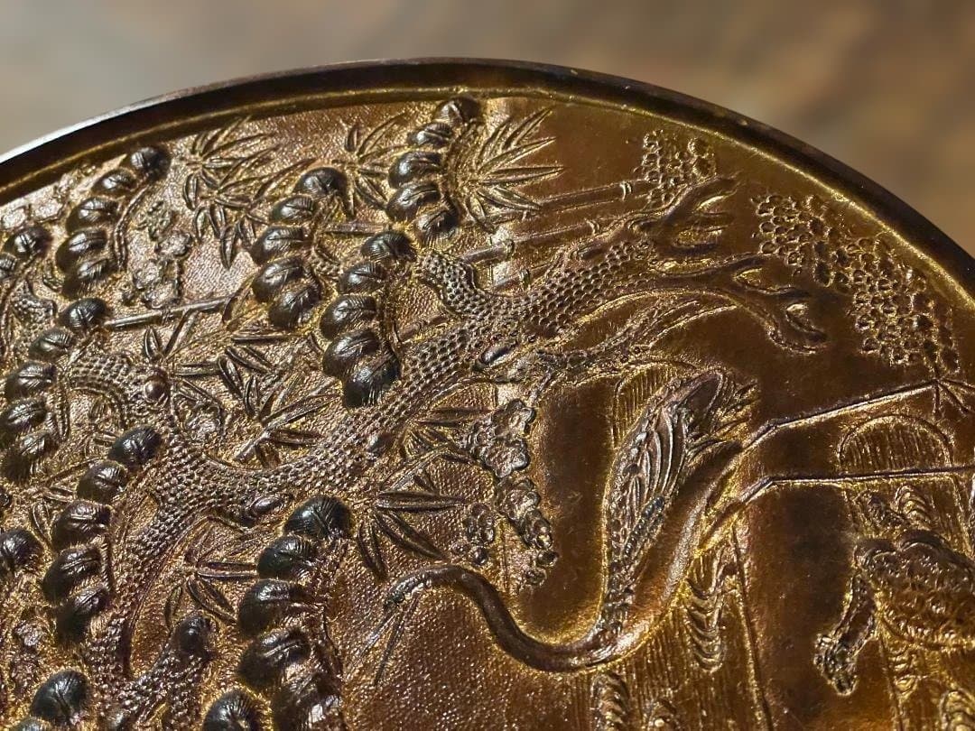 希少 特大 和鏡 銅鏡 鏡師 野田和泉守 藤原金益 松竹梅 鶴亀 骨董 柄鏡