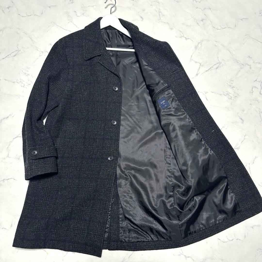 未使用級美品　シップス　ステンカラーコート　チェック　チャコールグレー　ネイビー