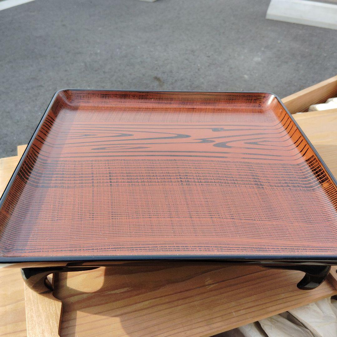 能登輪島塗木製正方形脚付き盆 黒と茶色の木目（10枚セット）