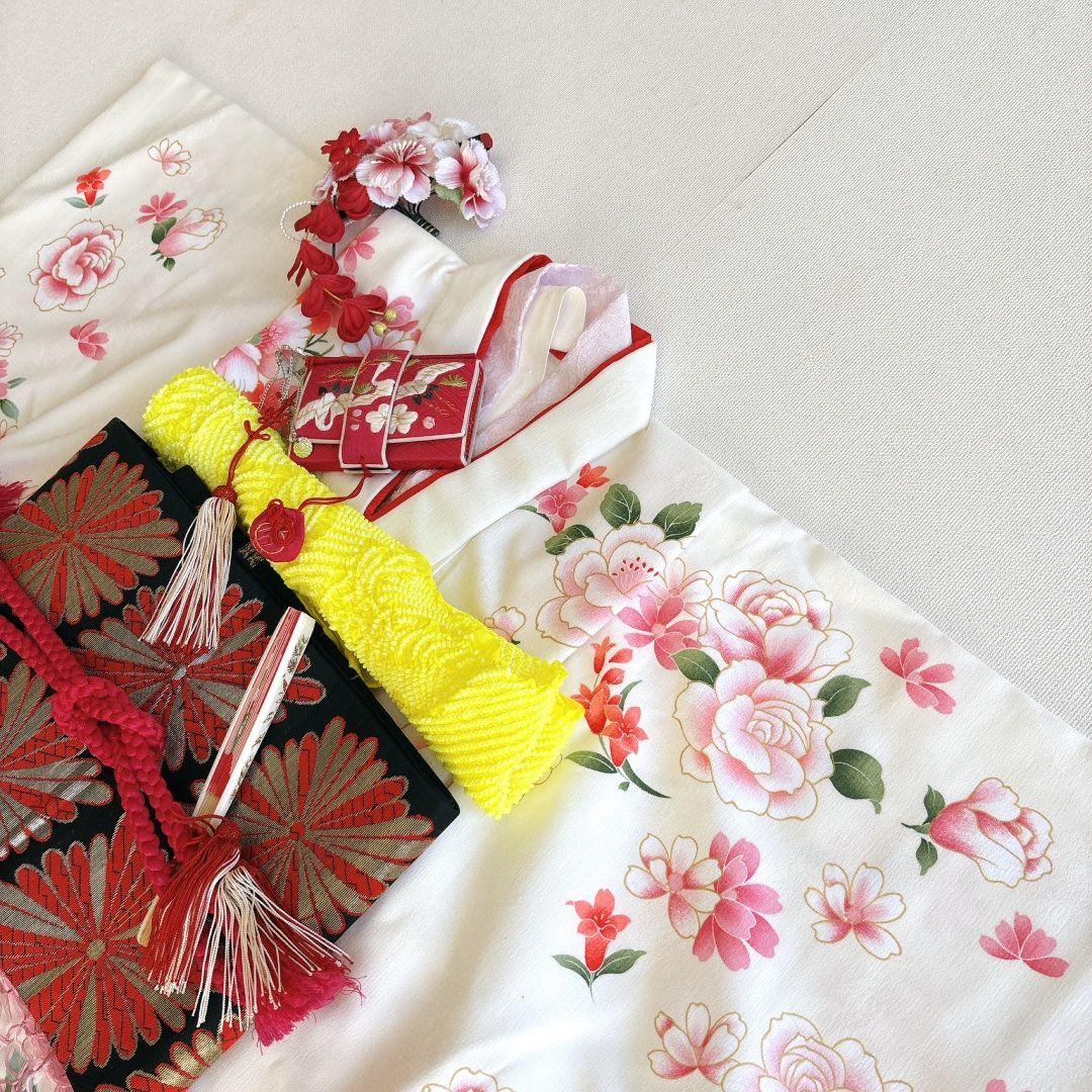 七五三　7歳女の子　 長着&帯　きもの 白×赤バラ　袋帯金地蝶桐