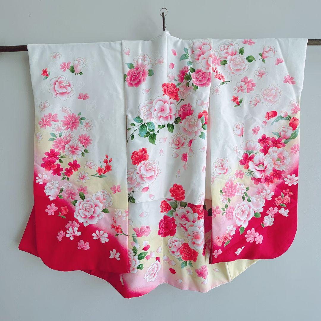 七五三　7歳女の子　 長着&帯　きもの 白×赤バラ　袋帯金地蝶桐