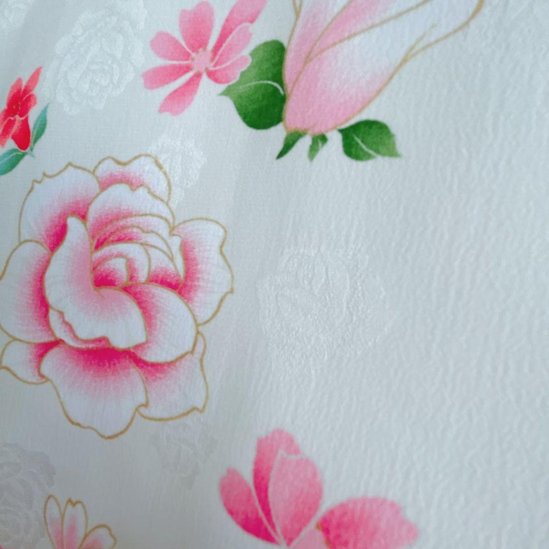 七五三　7歳女の子　 長着&帯　きもの 白×赤バラ　袋帯金地蝶桐