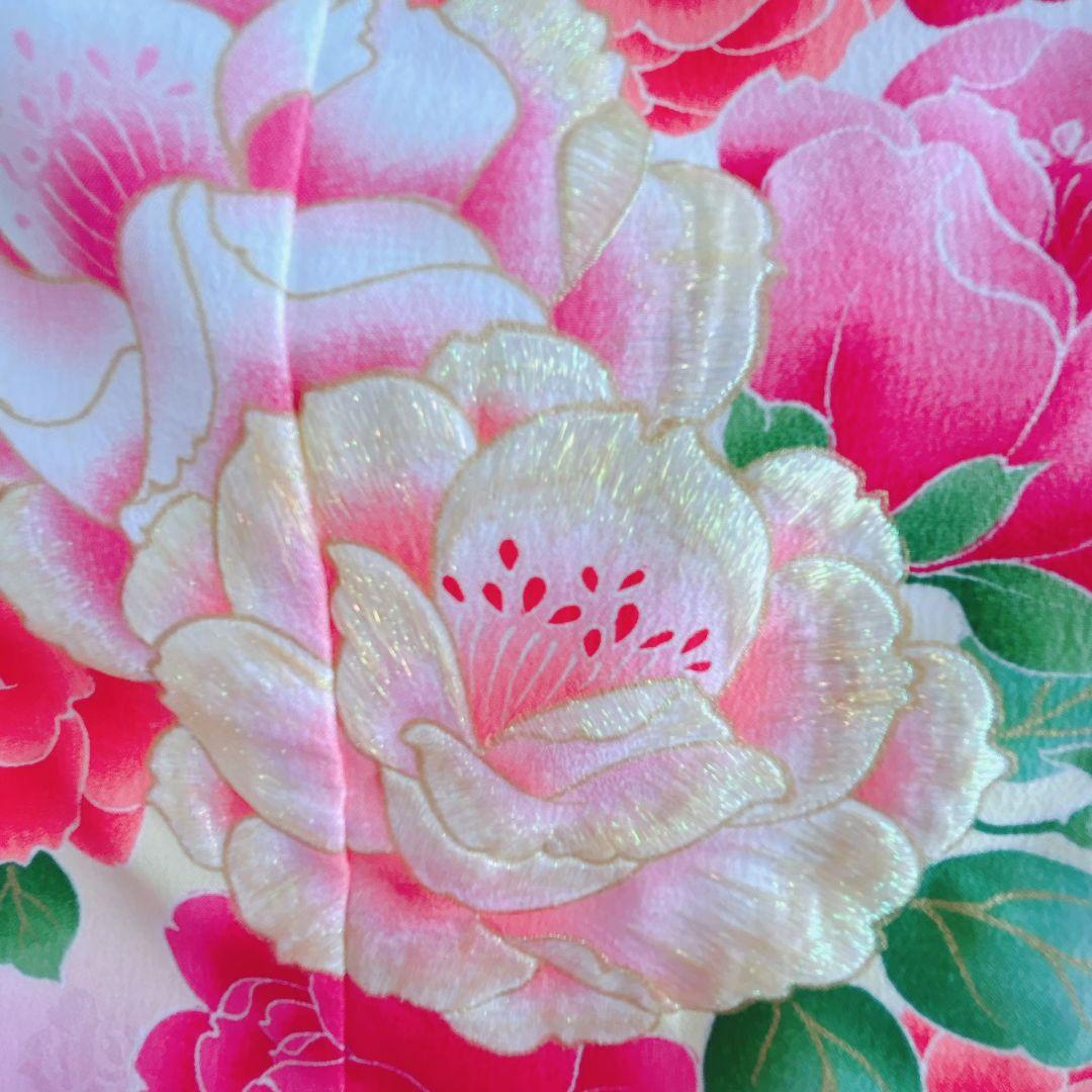 七五三　7歳女の子　 長着&帯　きもの 白×赤バラ　袋帯金地蝶桐