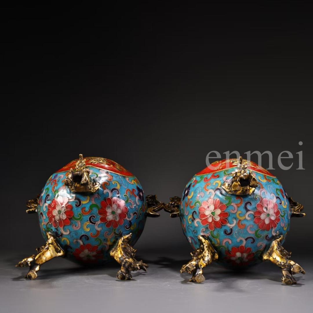 珍品旧藏・赤青琺瑯装飾双対香炉・高浮彫鏨刻・鎏金鳳鳥浮彫付き・純銅製・置物・風水