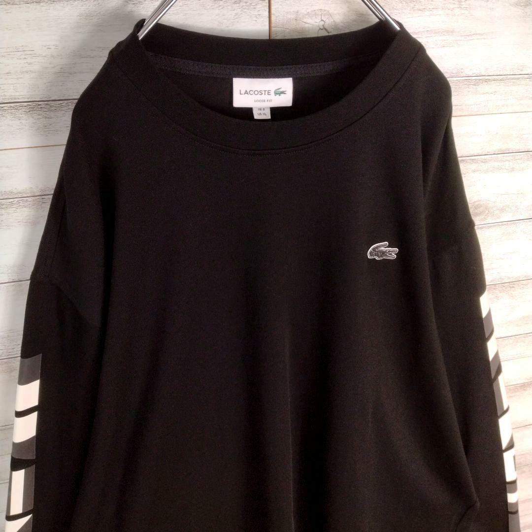 メンズ☆LACOSTE　極美品　ブラック　長袖カットソー　袖ロゴ両面ロゴ　XL