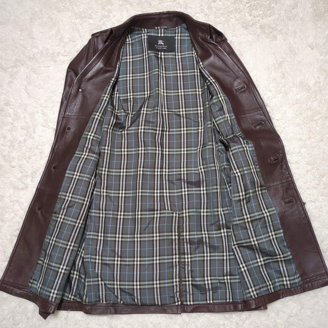 バーバリーブラックレーベル◆ラムレザー ノバチェック トレンチコート 濃茶 M