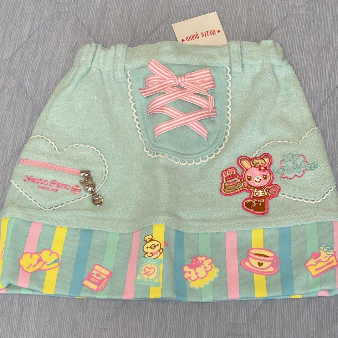 新品　メゾピアノ　ミミポポスカート　水色　リボン　刺繍　平成レトロ　110