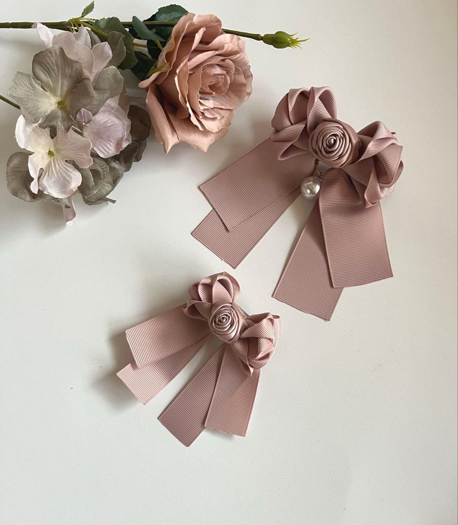 ハンドメイドリボン　おまとめ品　バレッタ　シューズクリップ　ヘアピン　ローズ