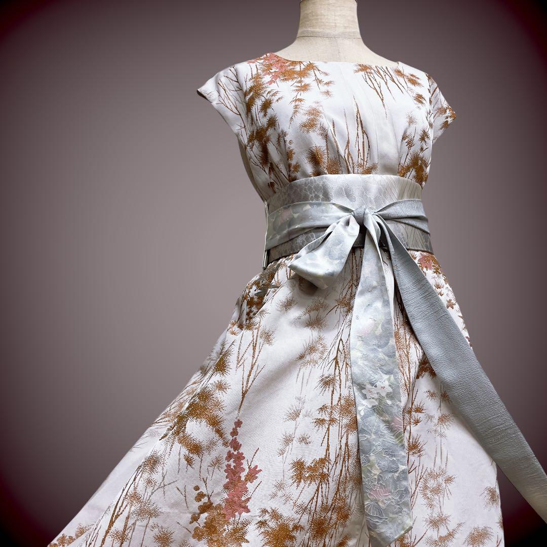 着丈140cm ラメ刺繍 マキシワンピース 着物リメイク J70413