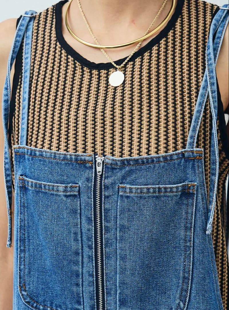 新品未使用タグ付 イアム フロントジップストラップデザインデニムサロペット