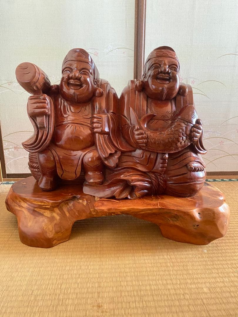 恵比寿と大黒天の木像　七福神　商売繁盛　大漁　財福　骨董　台座付　特大