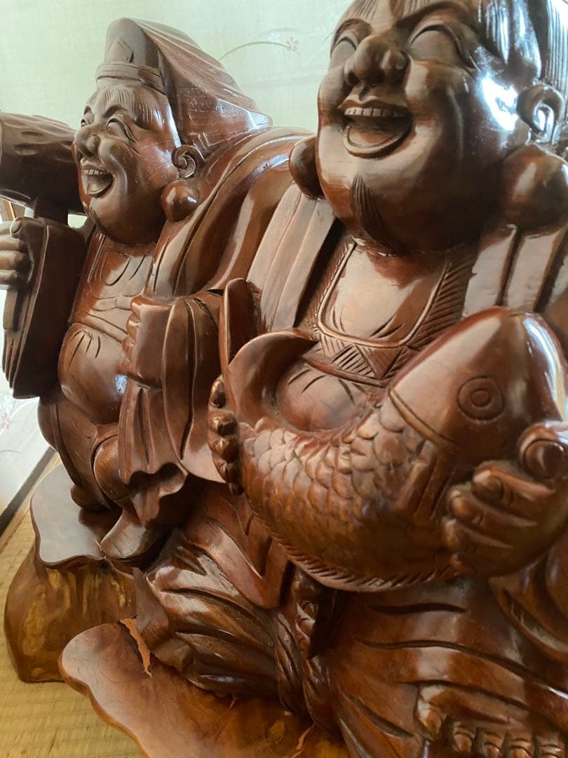 恵比寿と大黒天の木像　七福神　商売繁盛　大漁　財福　骨董　台座付　特大