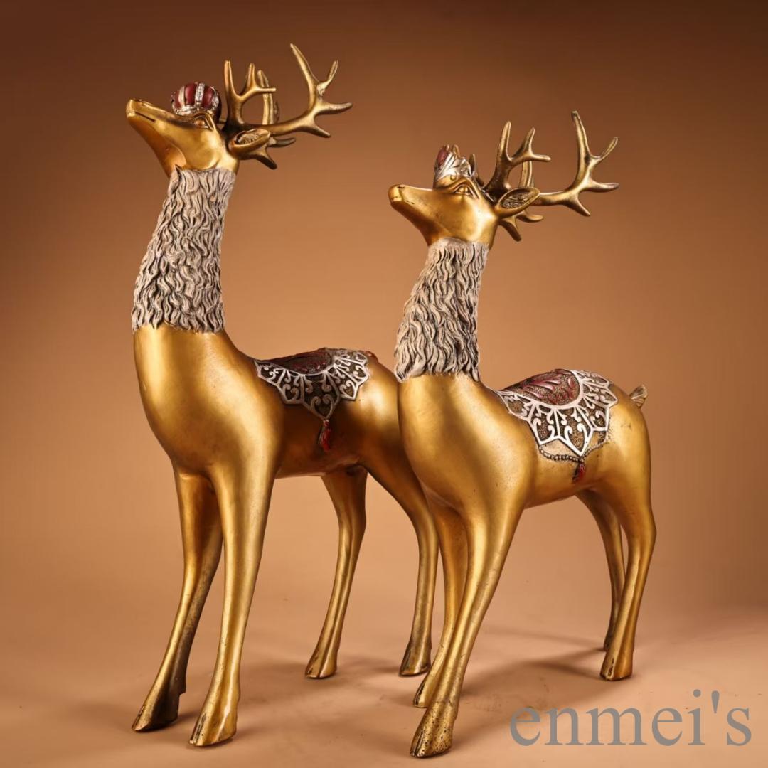 中国古美術 旧蔵 鏨刻描金彩絵 招財鹿一対 純銅 高浮彫 極細工 古銅器 置物