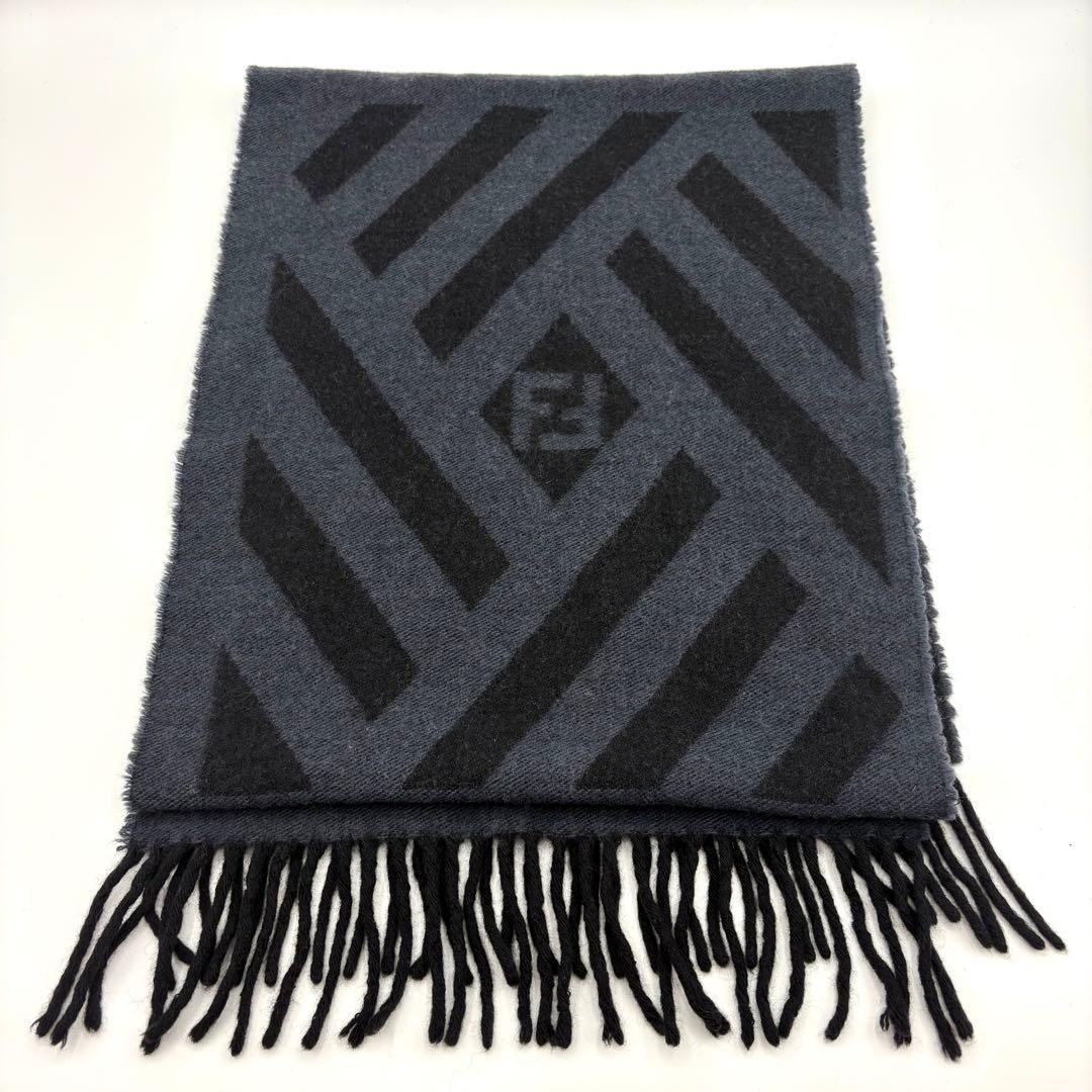 美品 フェンディ FENDI ズッカ マフラー ウール カシミヤ 刺繍ロゴ 紺