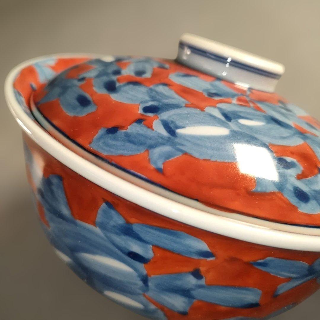 A1354-7/有田焼/源右衛門窯/赤濃唐草文蓋碗5客/共箱/蓋物/懐石道具/