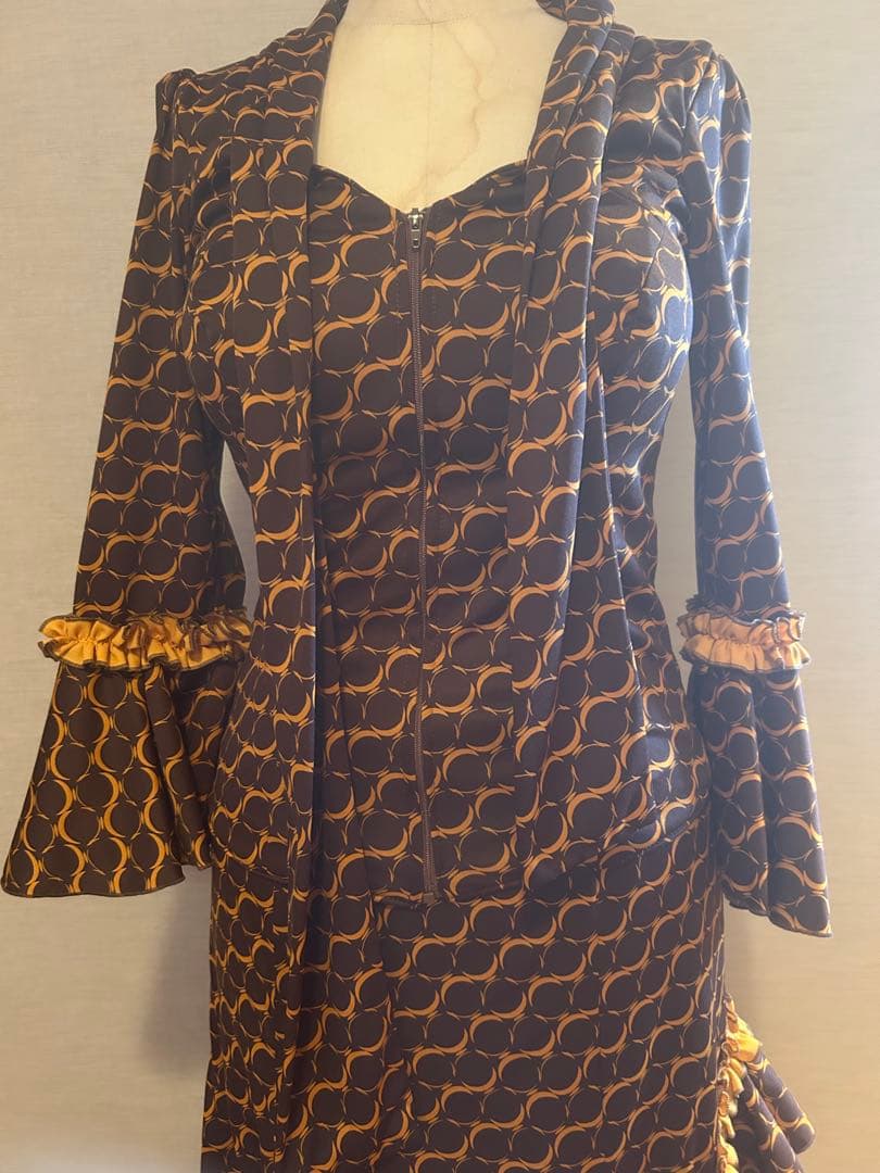 フラメンコ衣装ペチコート付き3点セット焦げ茶×辛子手作り中古美品