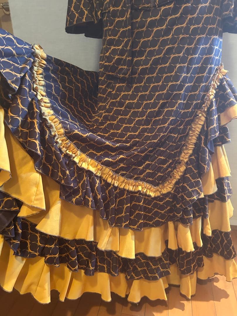 フラメンコ衣装ペチコート付き3点セット焦げ茶×辛子手作り中古美品