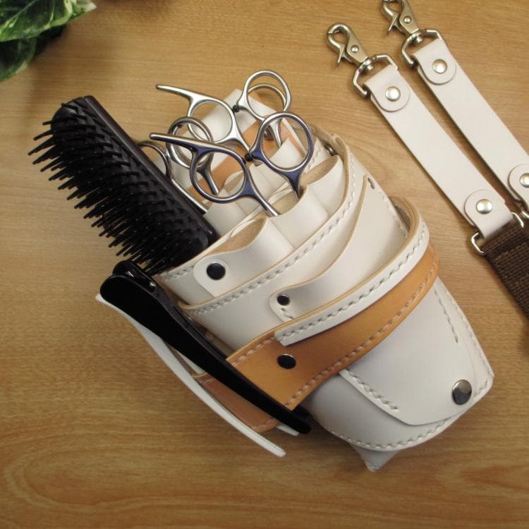 ホワイト＆うす茶色　６丁差し　本革シザーケース　SCA-151/CWB