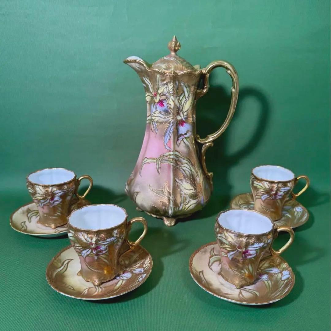 希少 オールドノリタケ ゴールドスプレー技法 モカセット メイプルリーフ