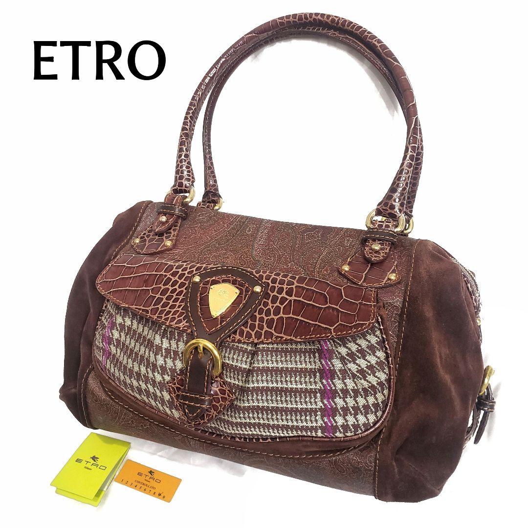 美品✨ETRO ボストンバッグ ロゴ金具 クロコ型押し・PVC切替え ペイズリー