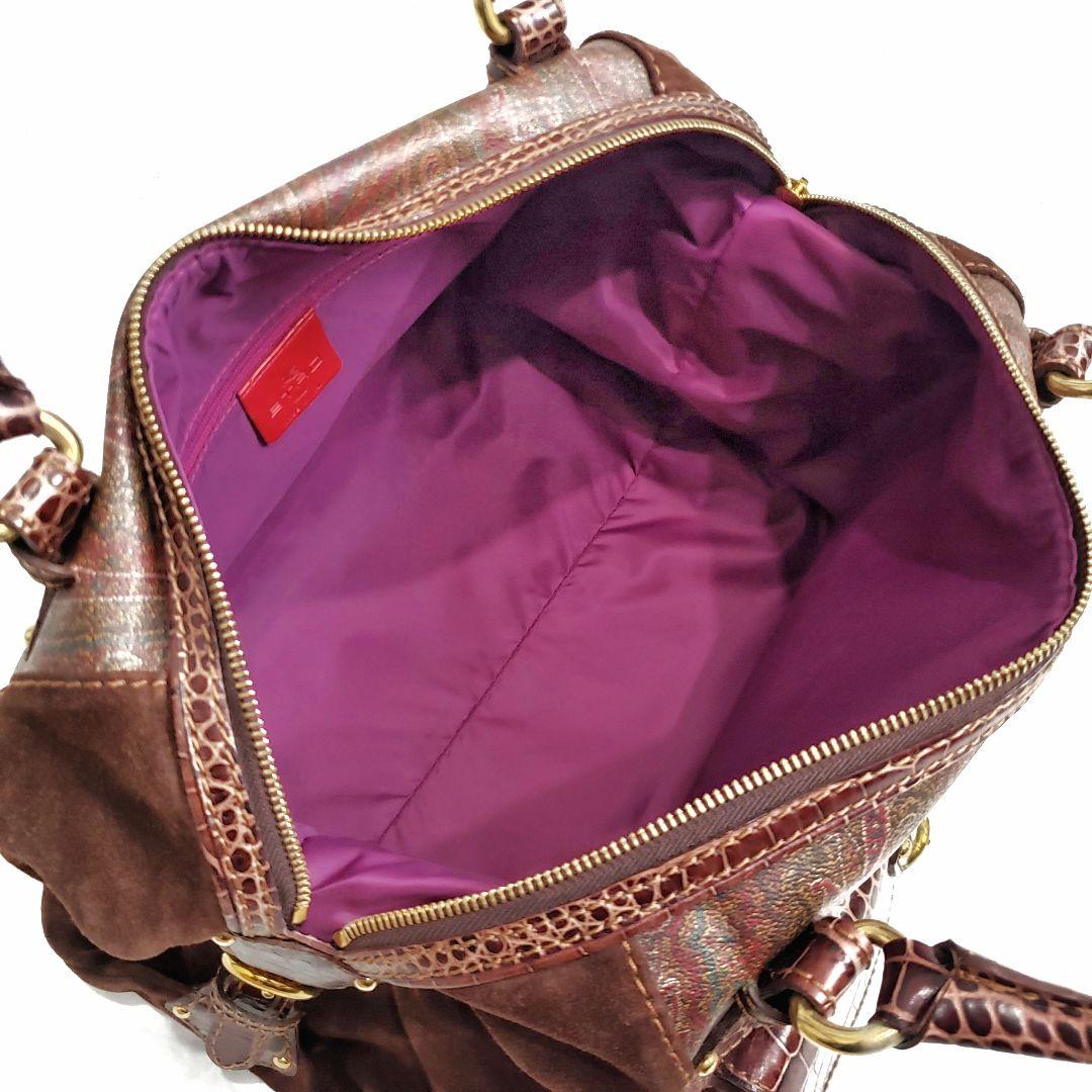 美品✨ETRO ボストンバッグ ロゴ金具 クロコ型押し・PVC切替え ペイズリー