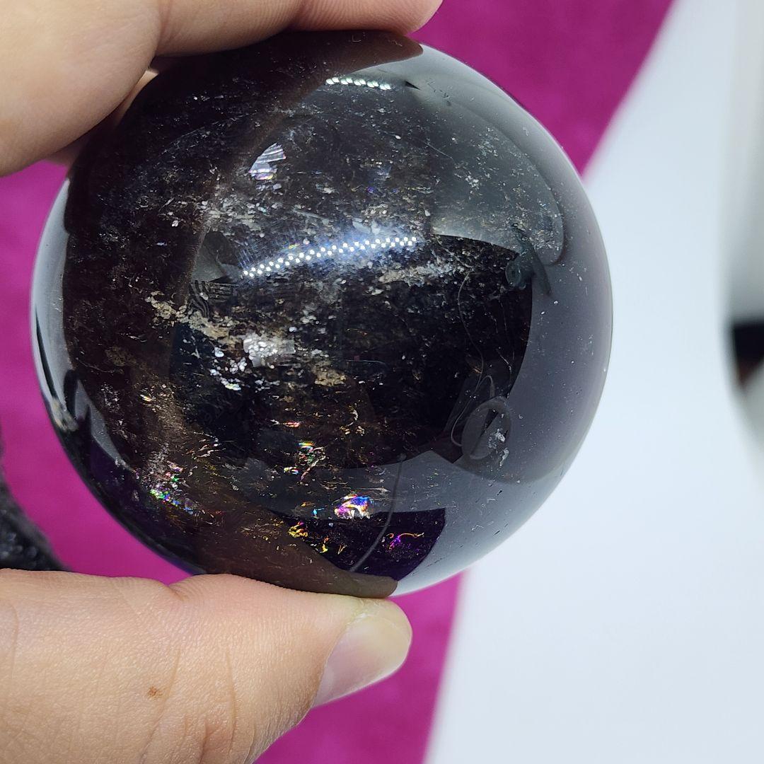 天然スモーキーモリオン スフィア約6.5cm◆最強魔除けと浄化◆光る台座付
